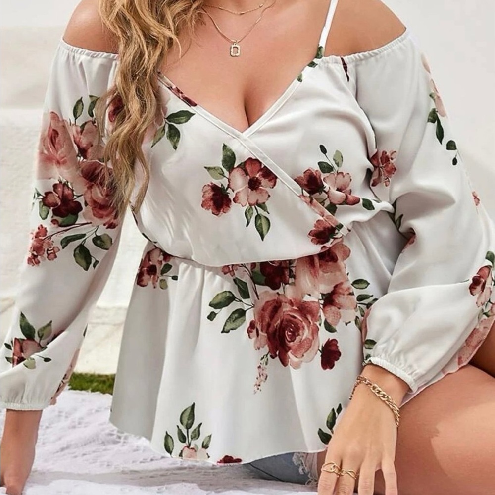 Floral print white cold shoulder peplum blouse